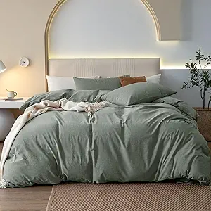 JIYUAN 100% Washed Cotton Duvet Cover Set 3 PCS Oversized King Plus, 1 Duvet Cover 128"x120"(Comforter Not Included) and 2 Pillowcases,Linen Feel Bedding Set Comfy and Breathable, Heathered Green