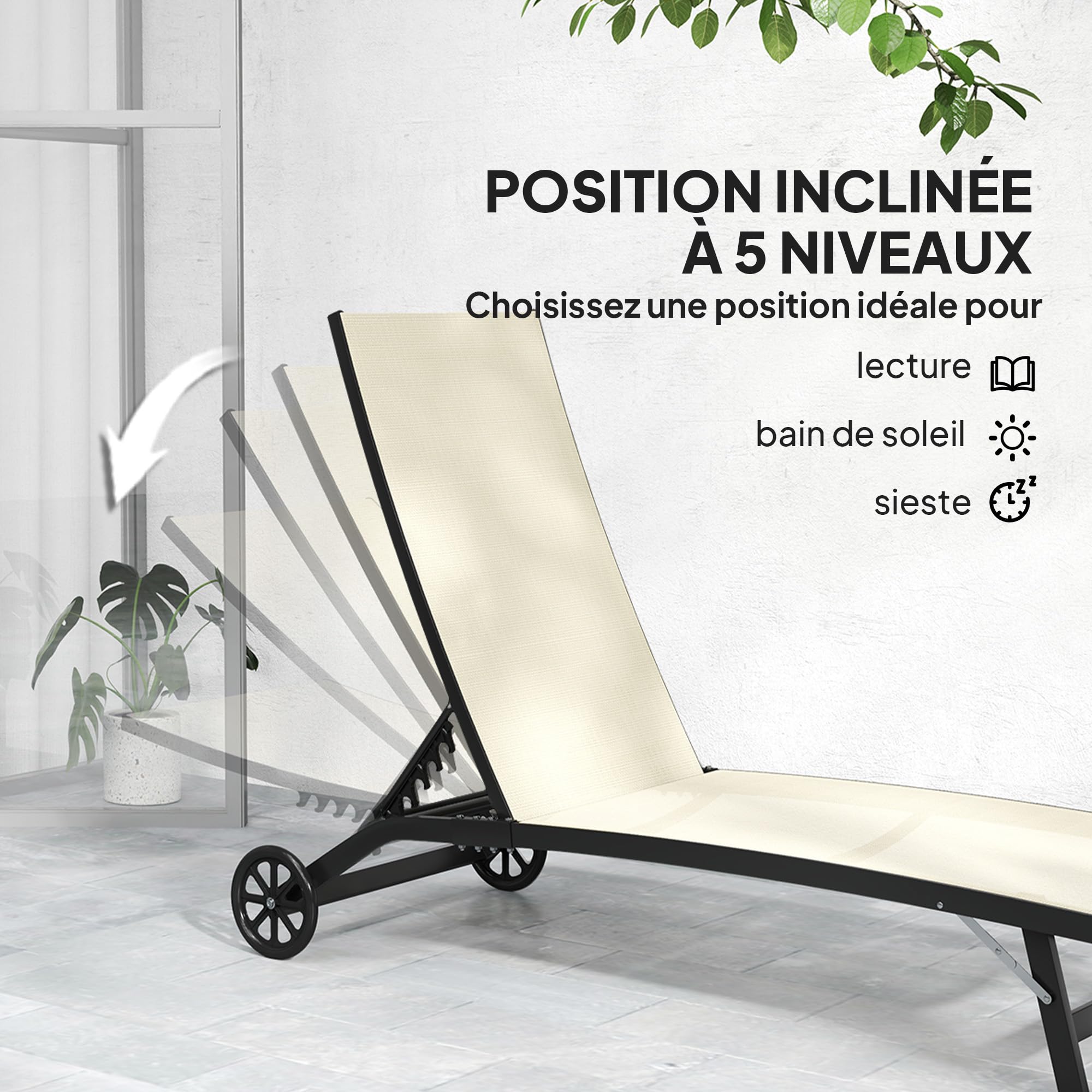 Outsunny Lot de 2 Bains de Soleil transat Chaise Longue inclinable en Aluminium et textilène avec roulettes Dossier Multipositions Charge Max. 150 Kg Kaki
