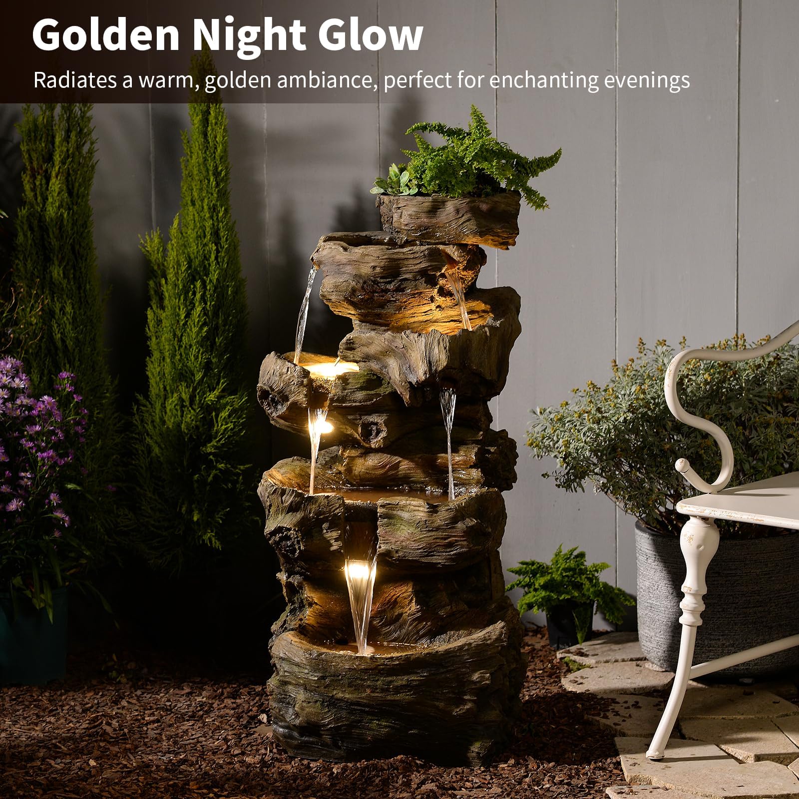 Sunlinua 103 cm H 4-stufiger Gartenbrunnen im Felsen-Look mit LED, Wasserfall und Springbrunnen für Garten, Terrasse, Balkon oder Hof, aus Harz