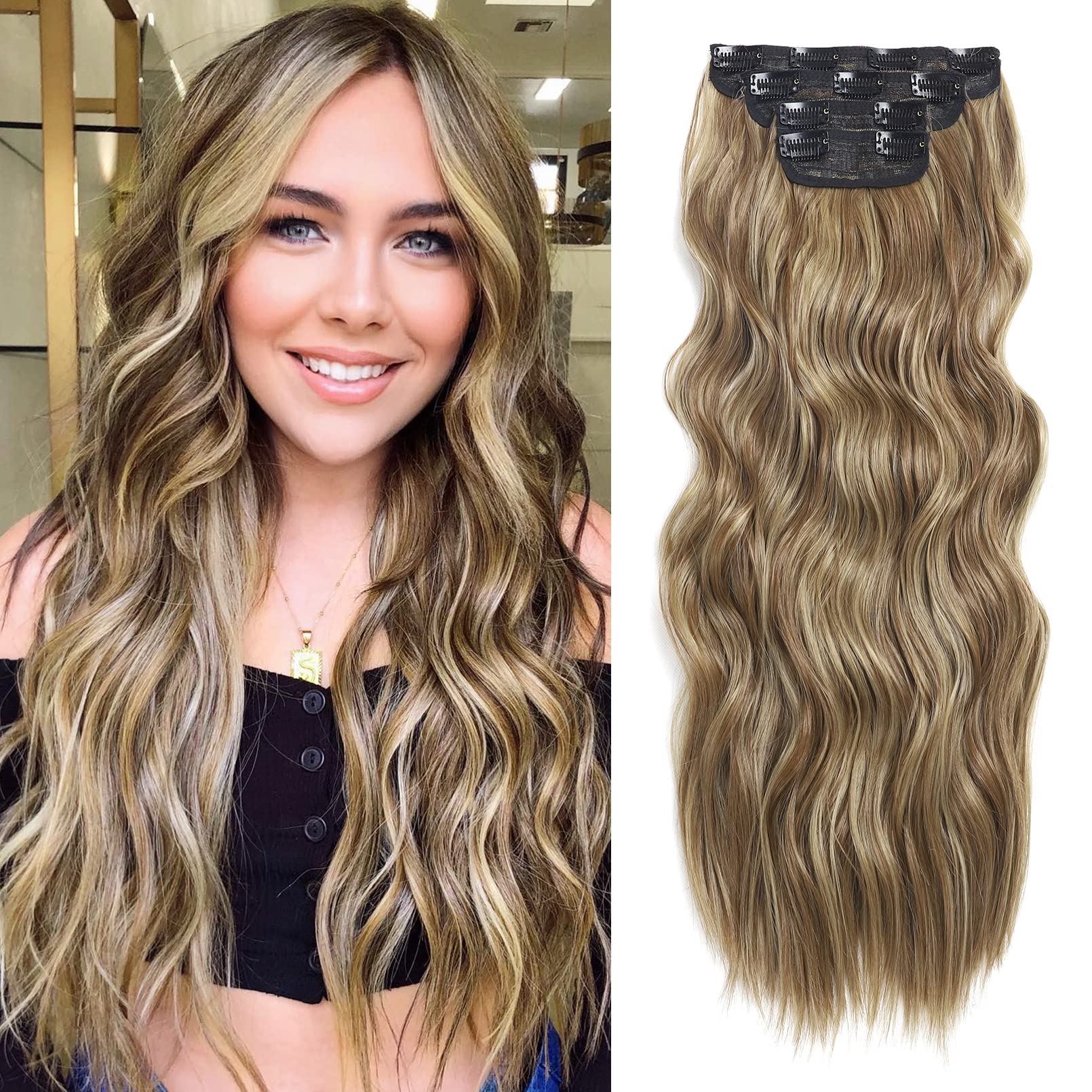 REECHO Hair Extensions, 4PCS Clip in Hair Extensions HE001 Natural Soft Synthetic Hairpieces for Women, Light Brown with Blonde Highlights