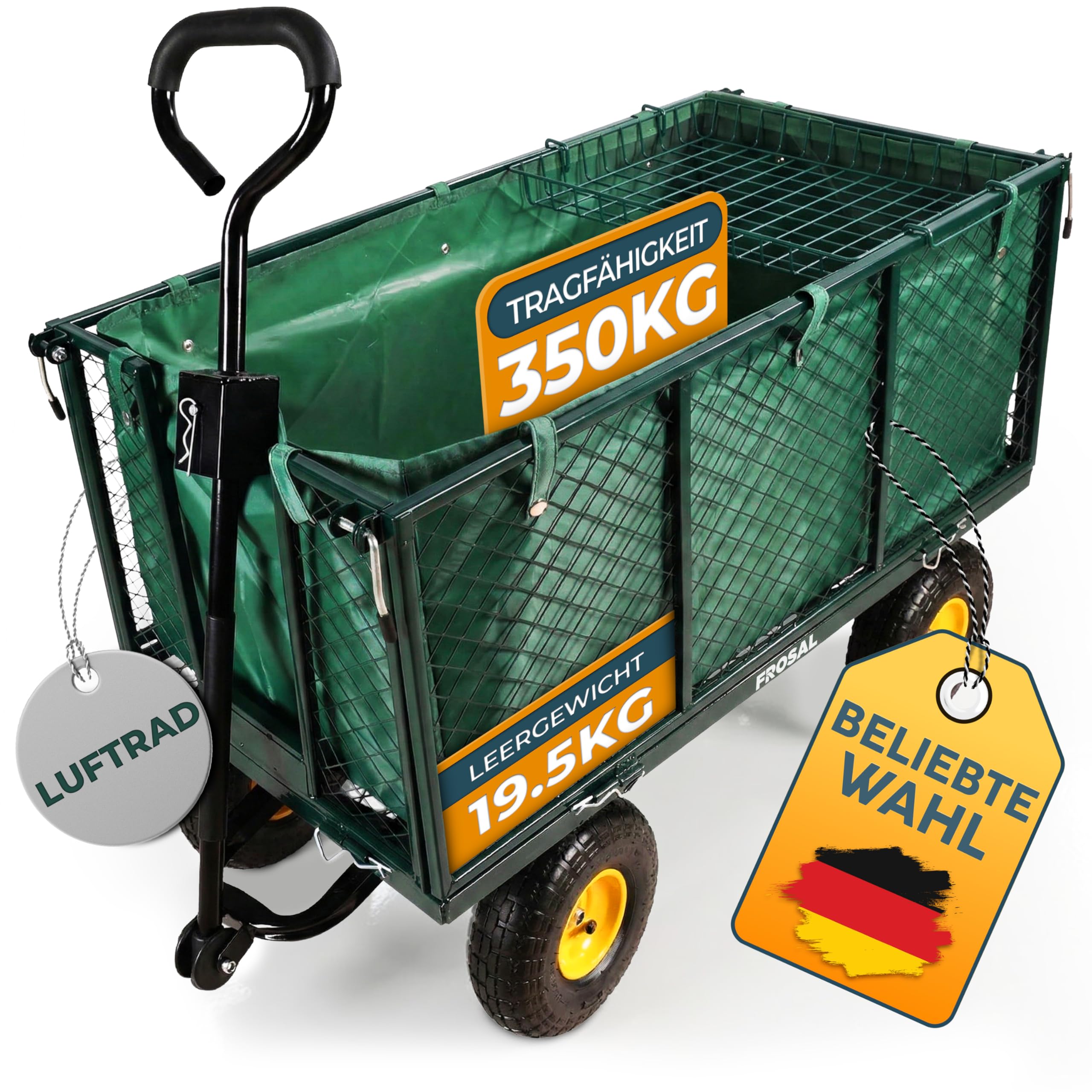 FROSAL Gartenwagen Sam – abnehmbare und klappbare Seitenwände – 350kg Traglast mit Luftreifen – Transportwagen mit Gitter & Plane – Handwagen für Garten, Baustelle & Hof – 200L Volumen – grün