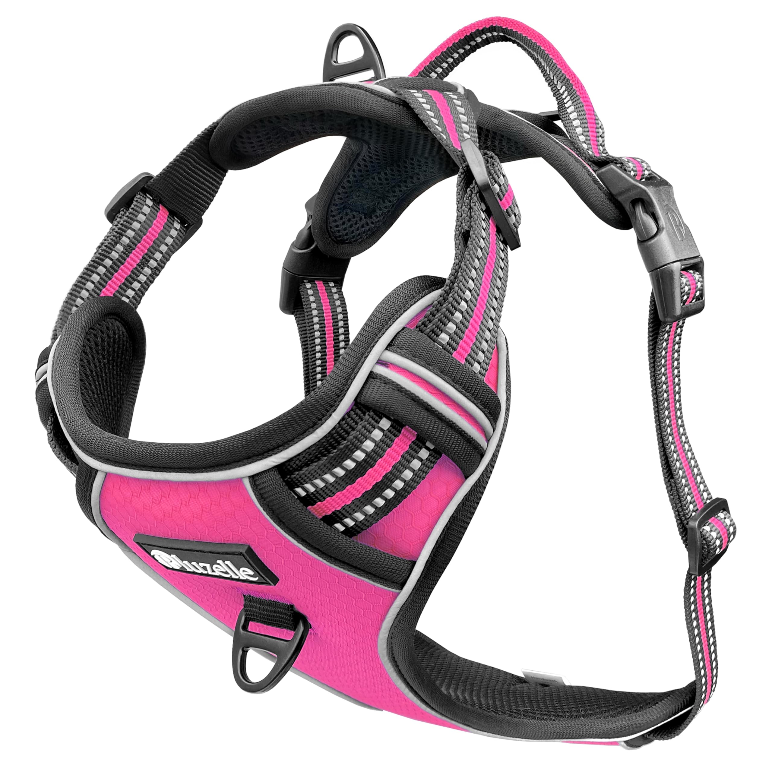 bluzelle Arnes Perro Mediano, Arnes Antitirones de Pecho Reflectante con Asa & Bolsillo para Localizador GPS, Chaleco Acolchado para Perros, Correas Ajustables Antitirón, M, Color:Pink Rosa