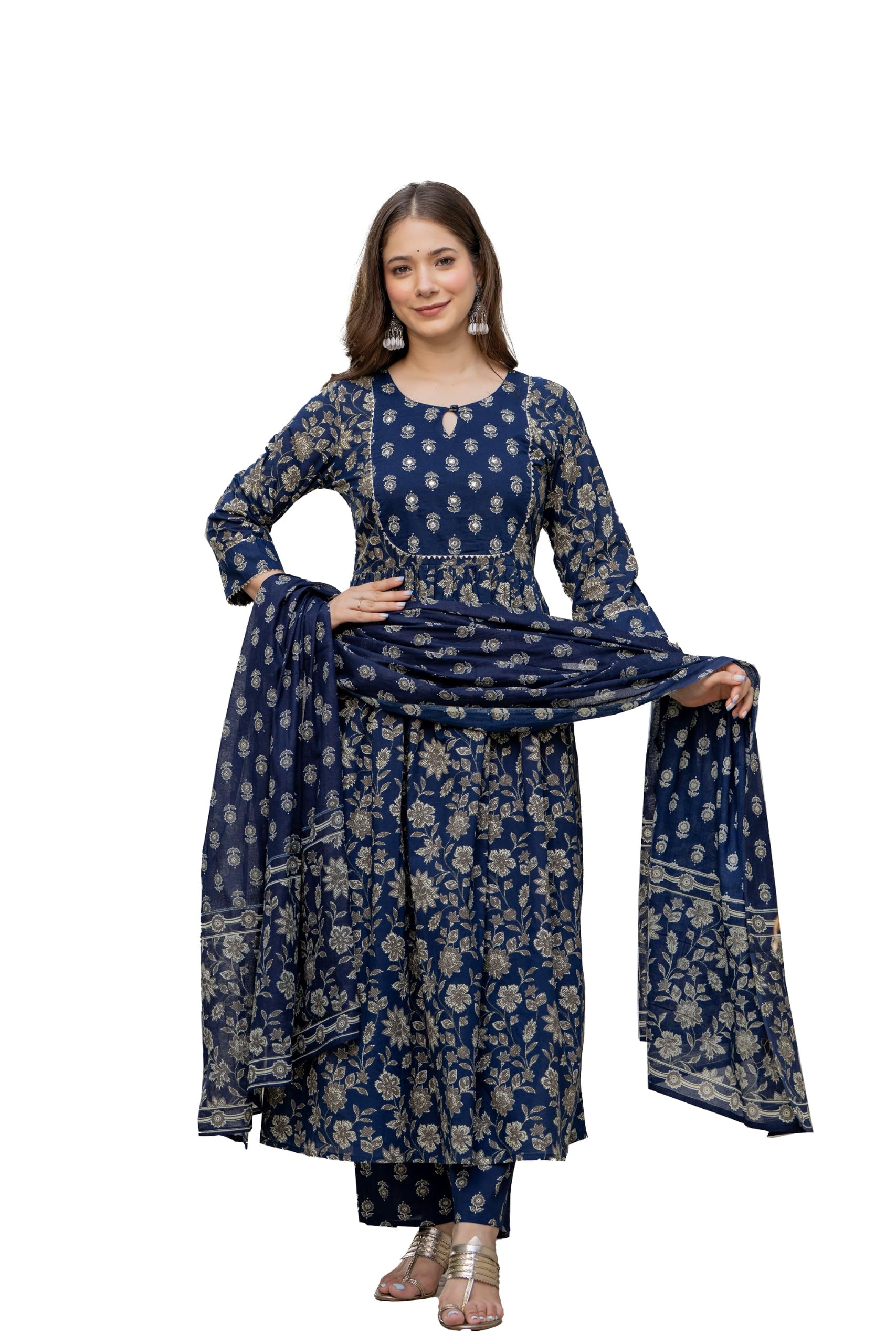 parthvi Women's Printed A-Line Flared Mirror Work Kurta Pant with Dupatta Set |Floral Ethnic Suit Set |Kurta for Festive, Casual & Office Wear-picture-3