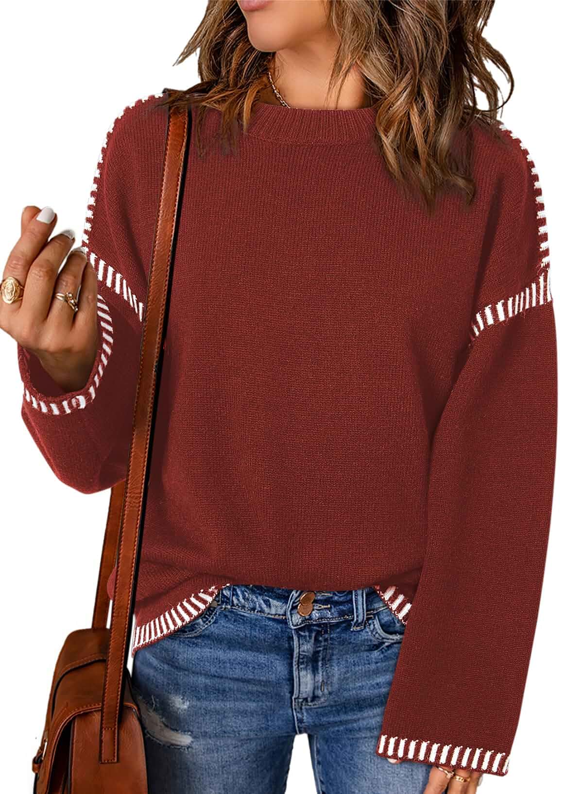 Dokotoo Sweaters for Women Oversized Crewneck Long Sleeve Knit Sweater Tops Teacher Outfits, Business Casual, Fashion Fall Sweaters, Winter Clothing, Drop shoulders, Contrast Stitch Trim, Loose Fit