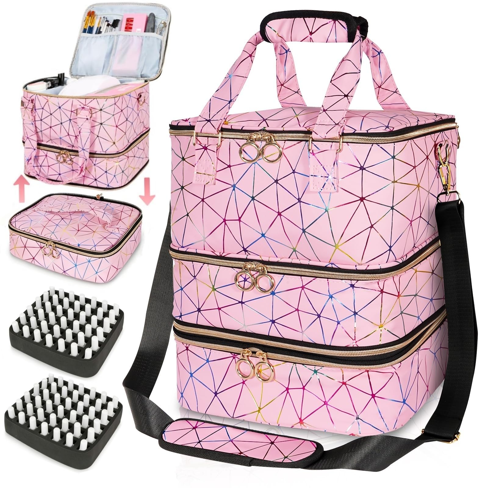 MZTXY Nail Polish Organizer Bag Holds 84 Bottles & Nail Lamp, 3 Layers Nail Kit Storage Carrying Case Pu Leather, Large Nail Supplies Organizer With