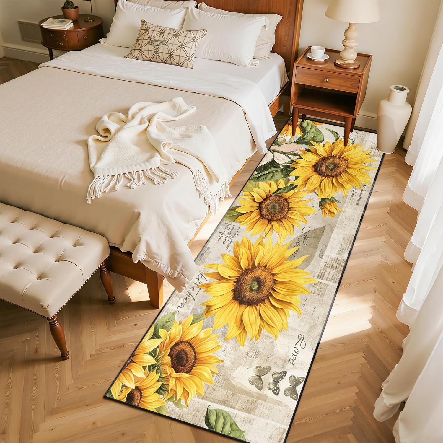 Schäbig Schick Sonnenblumen Schmetterlinge Flur Läufer Teppich, 60x180cm, Nostalgisch Vintage Zeitung Küche Matte, Widerstandsfähig Weich Haustier Freundlich Teppiche, für Boden