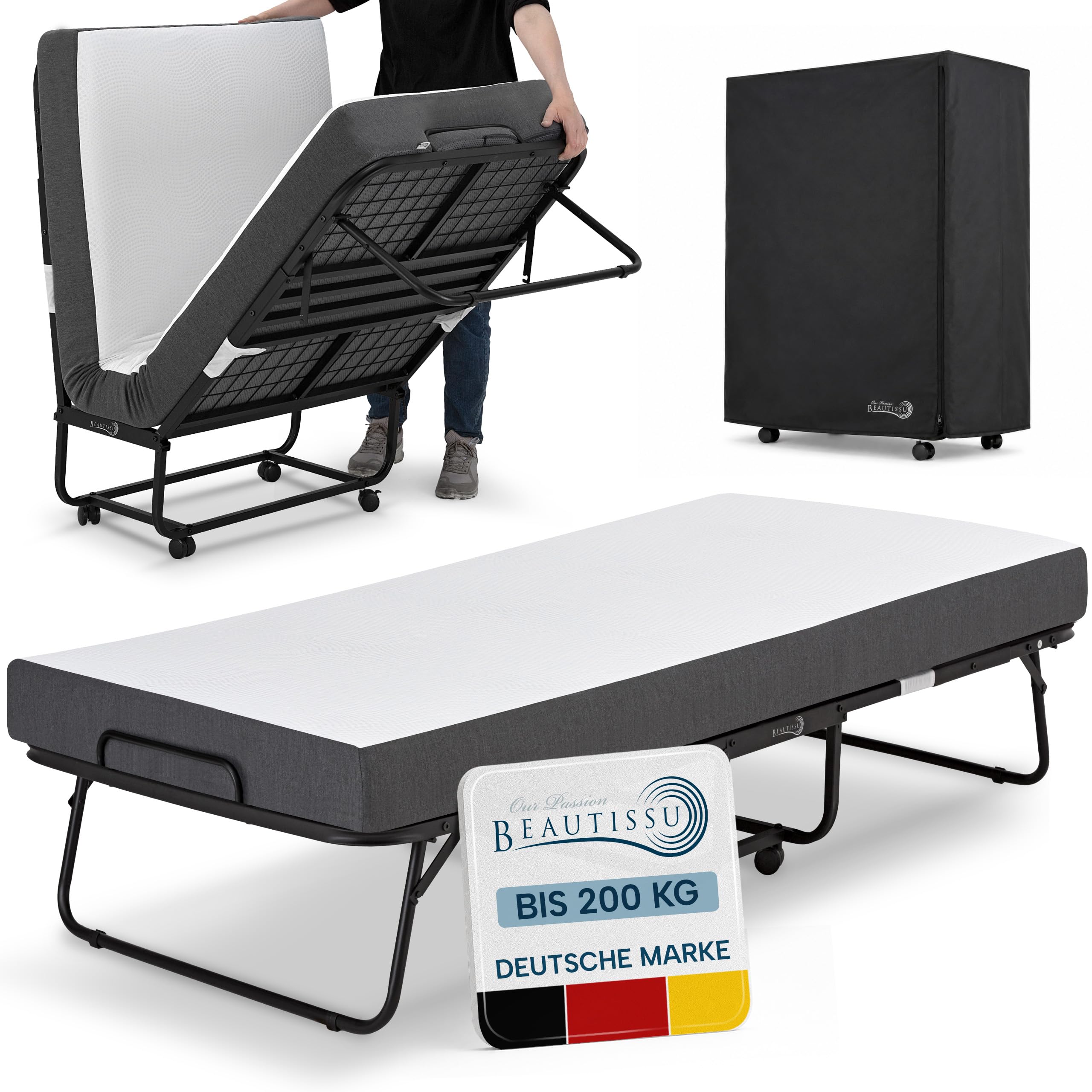 Beautissu Klappbett Gästebett Klappbar für Erwachsene bis 200 kg Rollbett | 90x200cm 13cm Dicke Matratze Memory Schaum Faltbett 4 feststellbaren Rollen Platzsparend mit Schutzhülle Notbett Traumkraft D