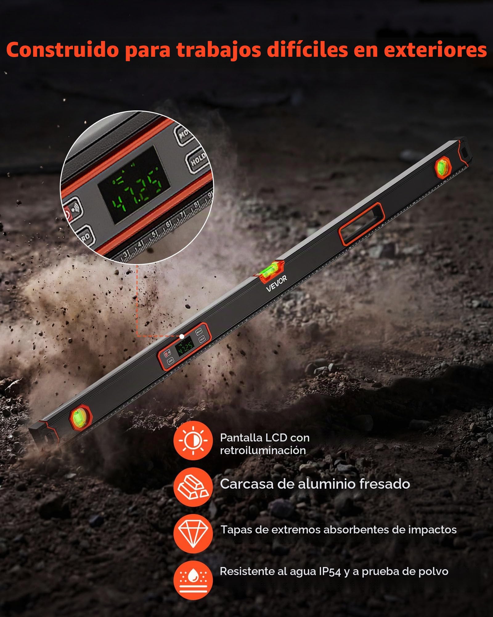 VEVOR Nivel Digital de Aluminio 1200 mm, Nivel Electrónico Magnético con Burbujas de 0°/45°/90°, Pantalla LED Retroiluminada, 4 Unidades de Medida, Bolsa para Construcción Carpintería Bricolaje Hogar