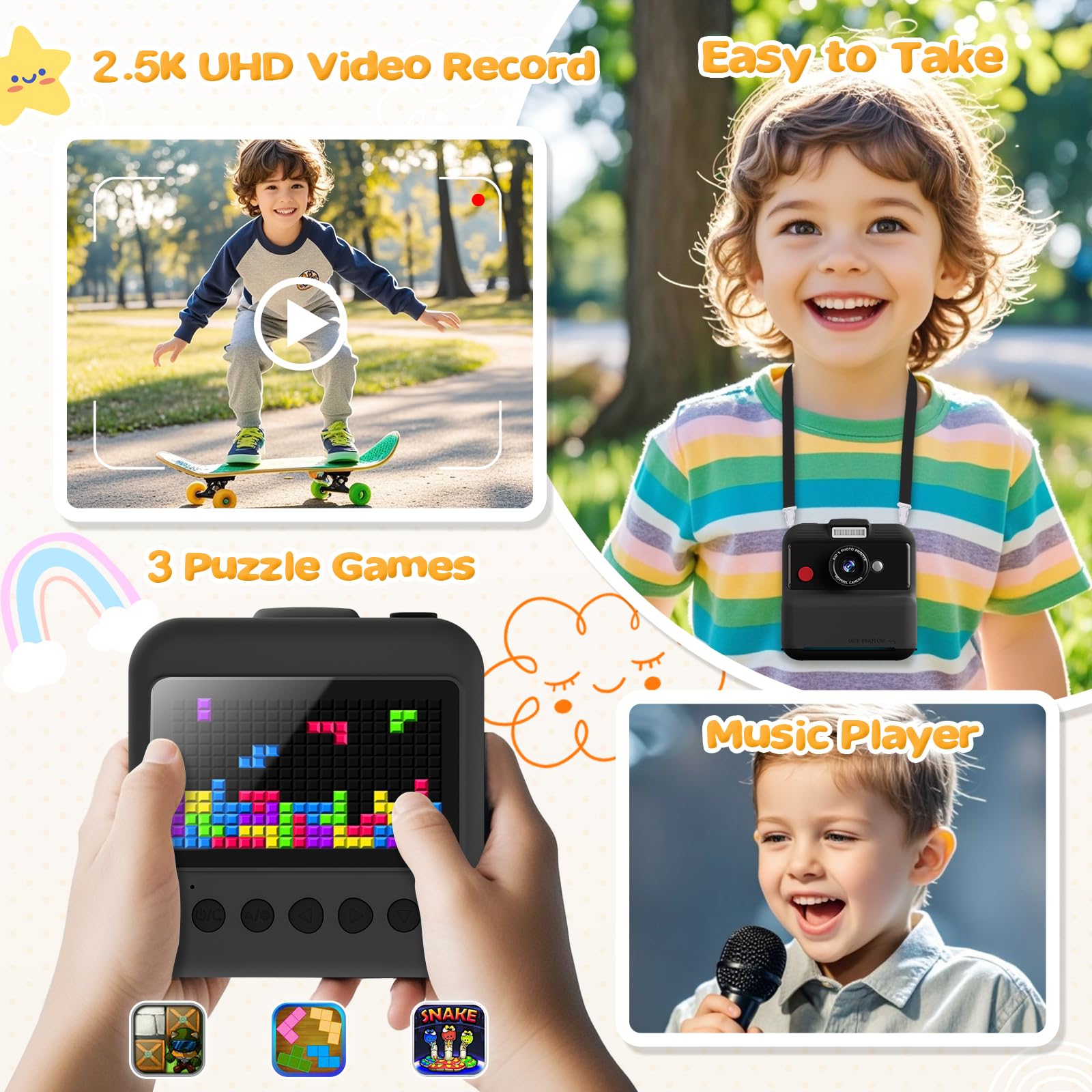 Aparat błyskawiczny dla dzieci, 3,0 cala, aparat cyfrowy dla dzieci, 48 MP/2,5K UHD Aparat dziecięcy z kartą 32 GB, znakomita zabawka na prezent dla chłopców, dziewcząt, 3-12 lat (czarny)