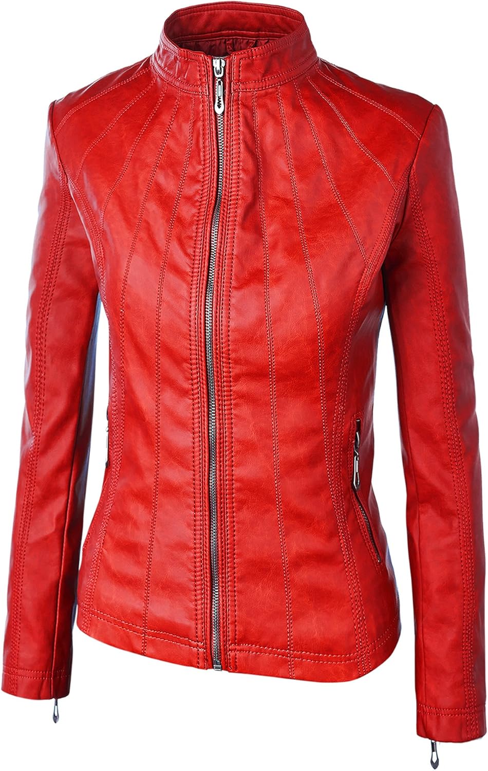 Made By Johnny MBJ Womens Faux Leather Zip Up Moto Biker Jacket with Stitching Detail - Image 5