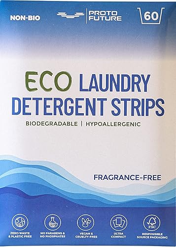 Proto Future Láminas de detergente para ropa ecológicas, biodegradables, hipoalergénicas, sin residuos, tiras ecológicas sin plástico, sin bio,