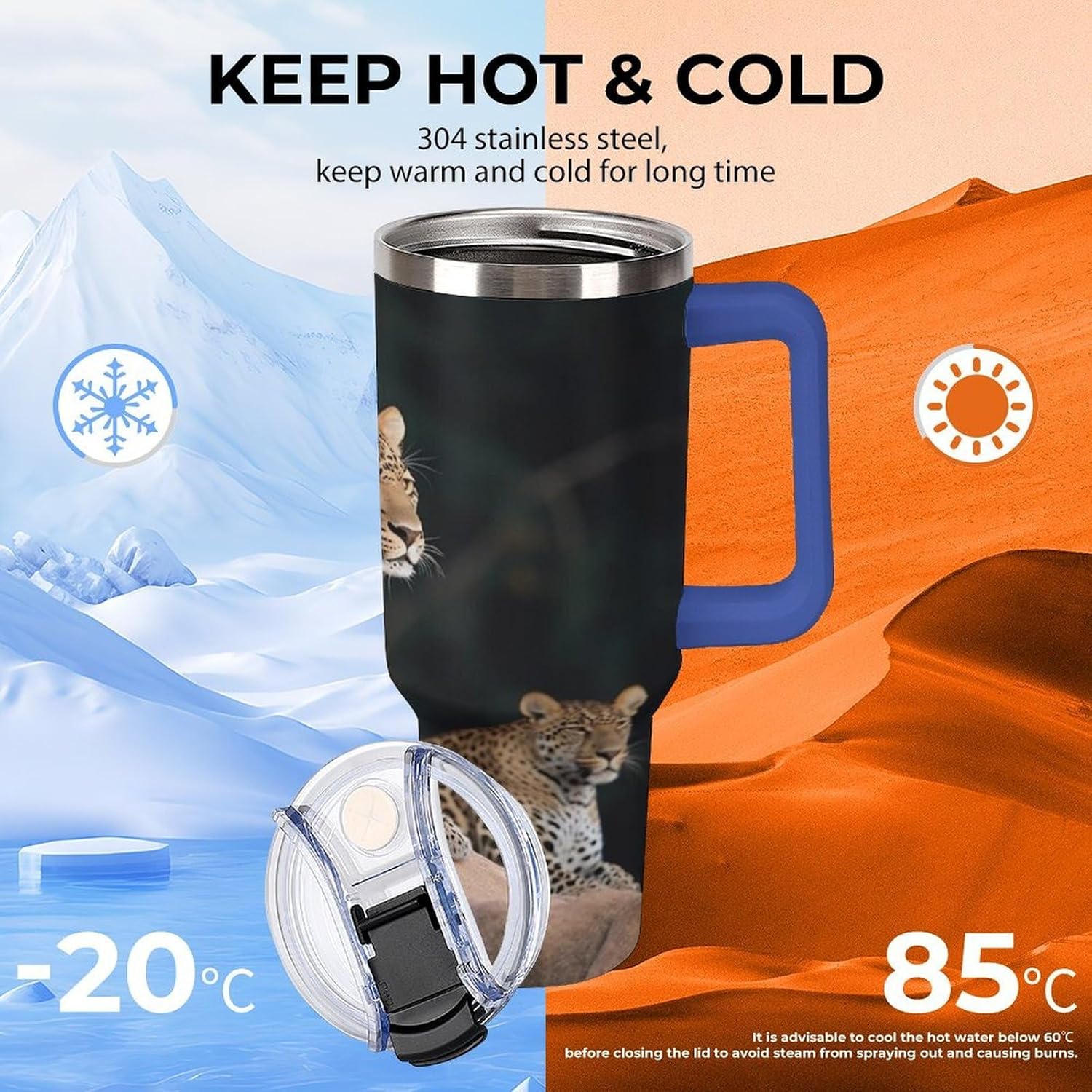 African Leopard on Rock Travel Coffee Mug Reusable Durable Stainless Steel Insulated Tumbler with Handle And Straw Leak Resistant Portable Thermal Cup Gifts for Men Women 40 Oz