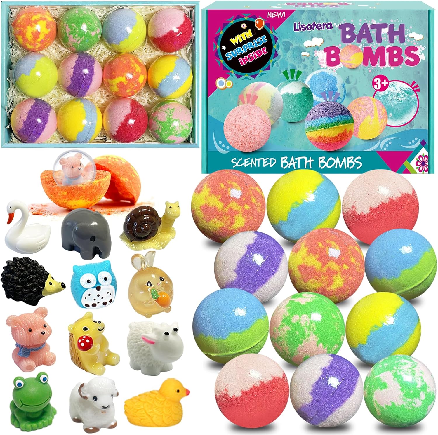 Bath Bombs for Kids with Surprise Inside, 12pcs Bath Bombs with Toys, Natural and Organic Colorful Bubble Bath Fizz Ball, Gift Set for Birthday, Halloween, Christmas for Boys and Girls