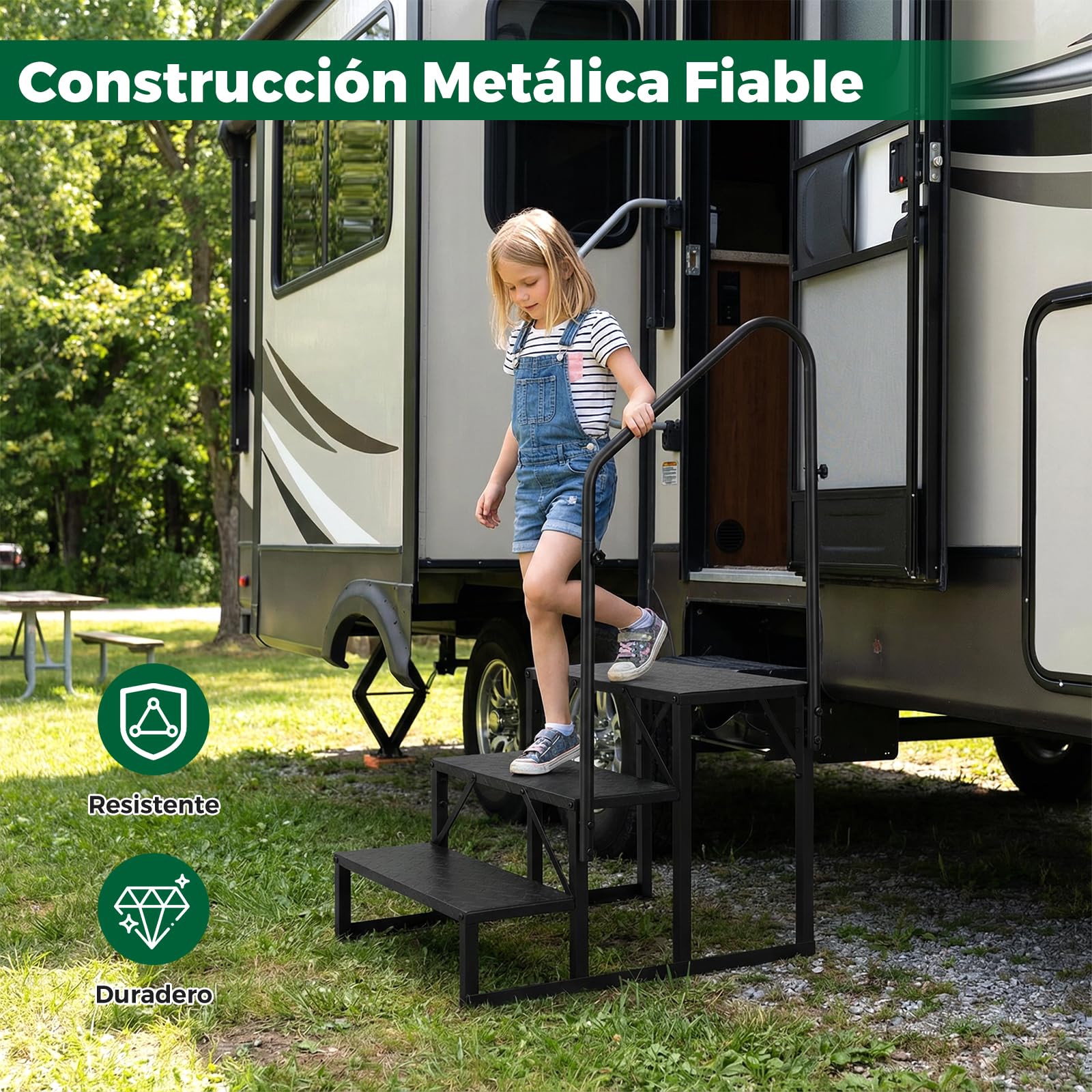 COSTWAY Escaleras de RV con Barandilla, Escalera de 3 Peldaños con Capacidad de Carga de 660 kg, Escalerilla con Panel Antideslizante, para Casa Móvil, Jacuzzi y Piscina SPA, 79 x 68 x 129 cm