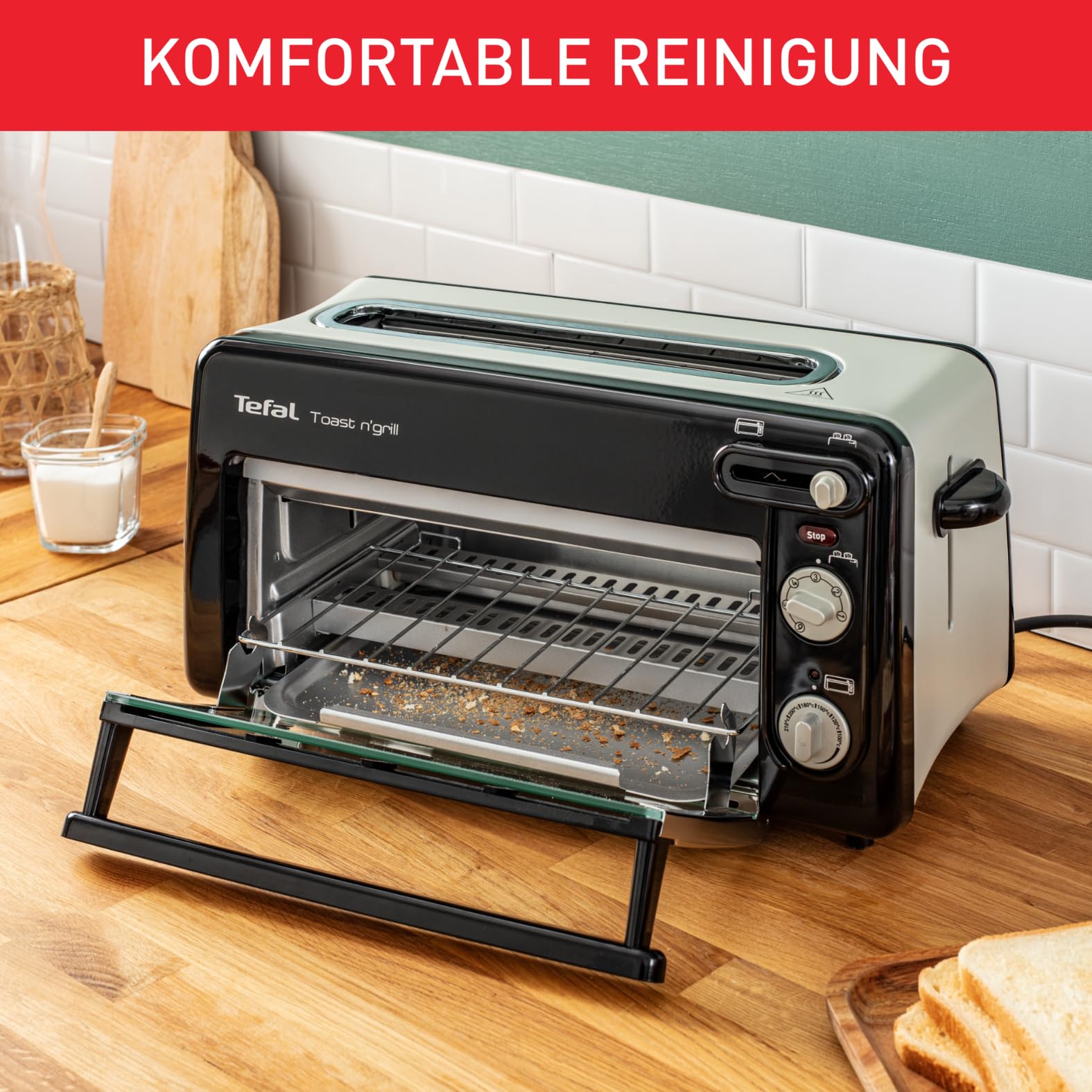 Tefal RETRO Toast n’ Grill – 2-in-1 Toaster und Mini-Backofen, 1300 W, energieeffizienter Mini-Ofen zum Toasten, Grillen & Aufbacken, kompakt, Schwarz/Alu matt, TL6008 [Energieklasse A++]