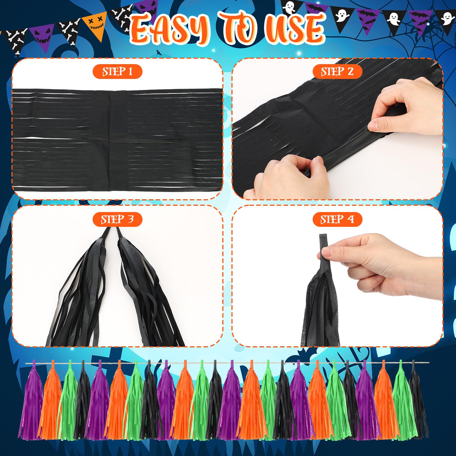 Halloween Trunk Or Treat Car Decorations Kit - Spider Theme Banner, Honeycomb Balls & Tassels For SUV, Truck, Garage