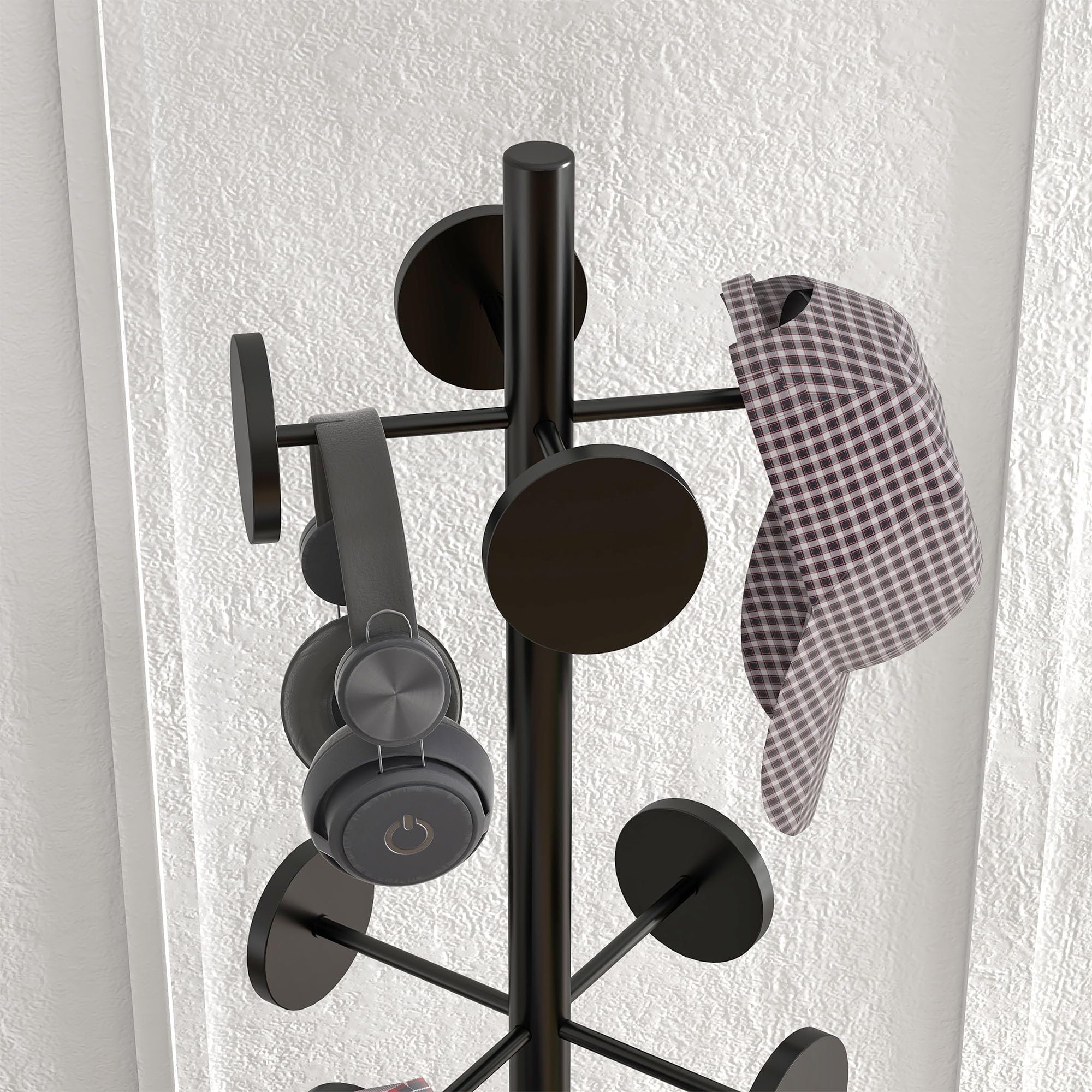 HOMCOM Appendiabiti da Terra con 8 Ganci in Metallo, Attaccapanni da Ingresso e Corridoio con Portaombrelli, Ø34 x 177cm, Nero