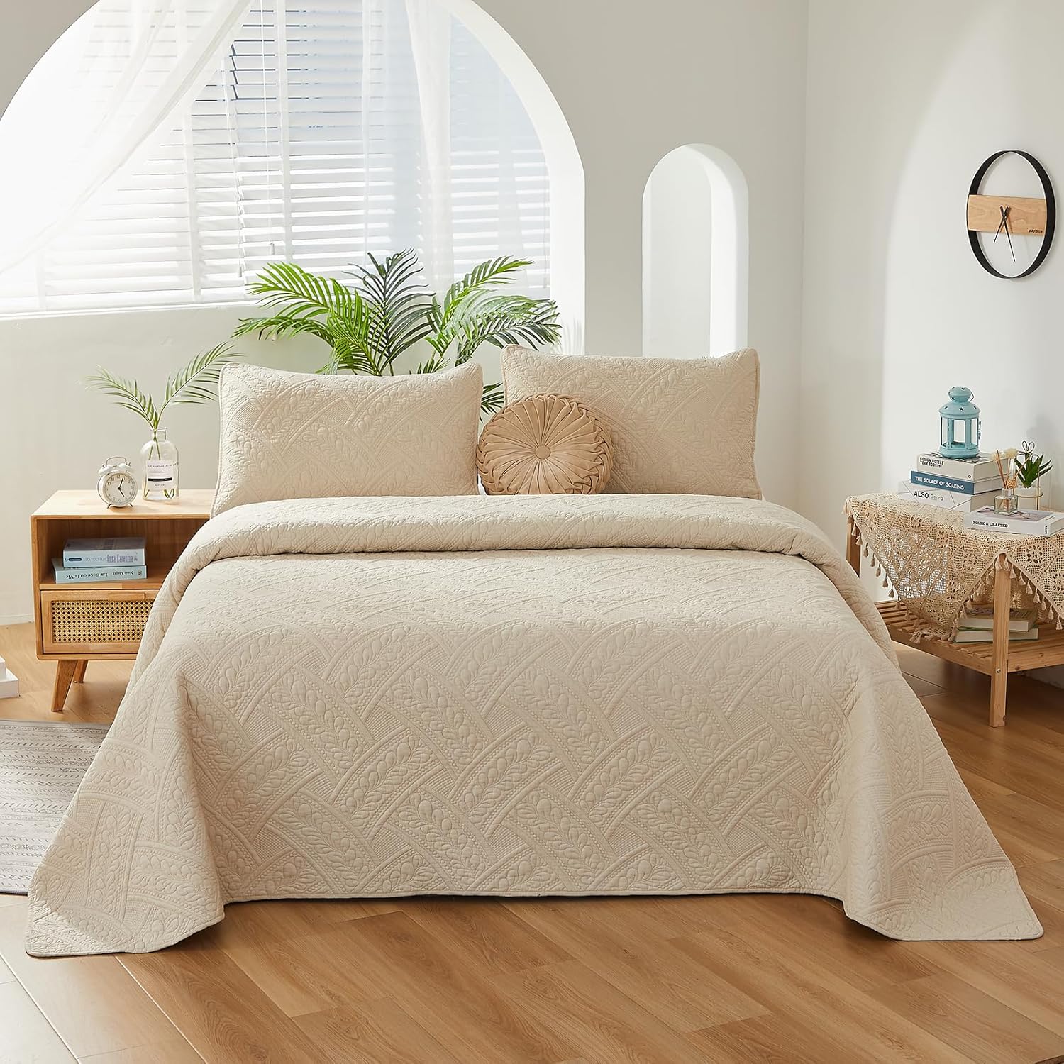 Brandream King Size Quilt Set Cotton Beige Quilts Farmhouse Matelasse Bedding Covetlet Set 3-Piece - Image 3