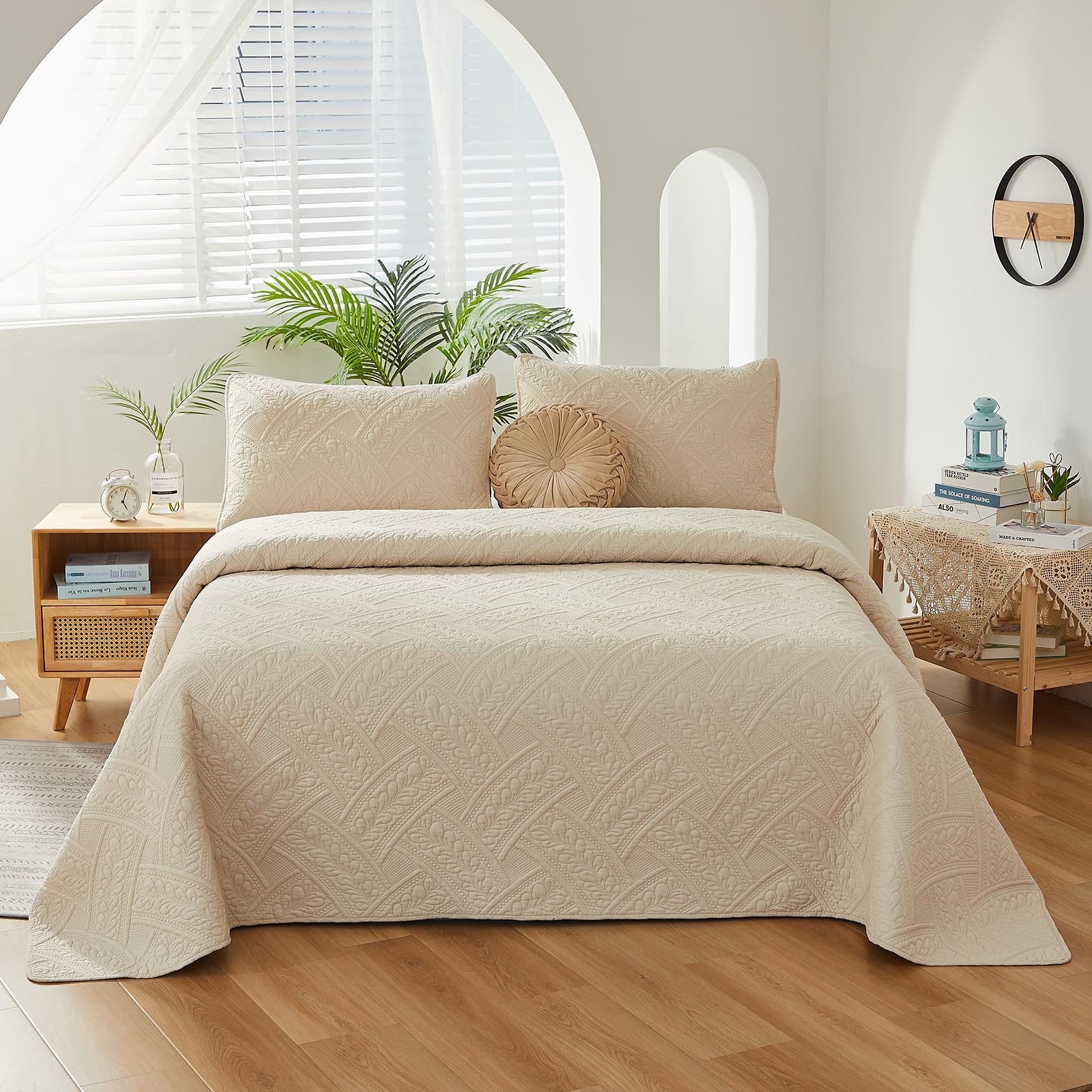 Brandream Queen Size Quilt Sets Cotton Beige Quilt Set Matelasse Bedding Farmhouse Coverlet Set Queen Full Size