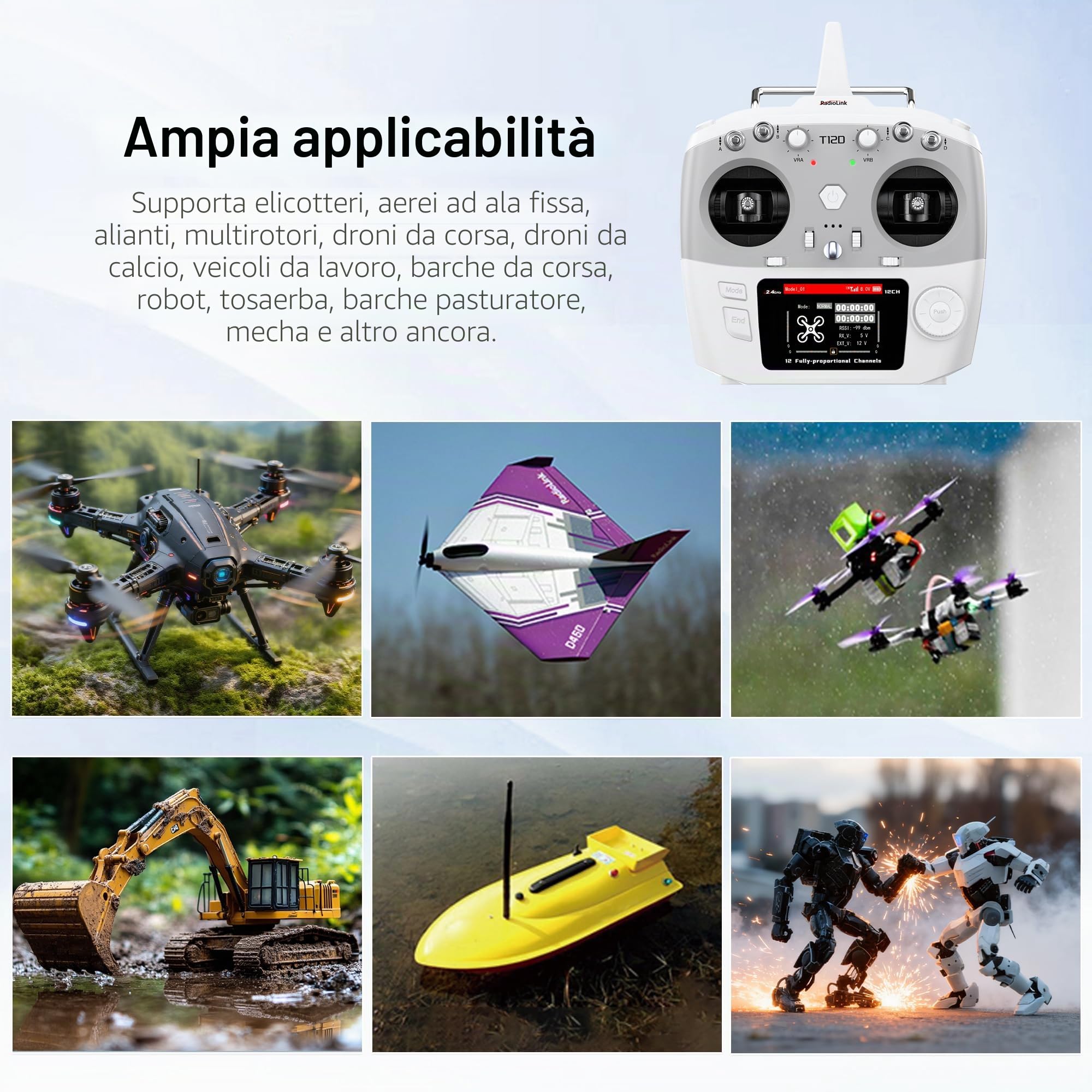 Radiolink T12D Trasmettitore RC 12CH e Ricevitore R12F, Radiocomando 2.4GHz Portata 4km, 50 Memorie Modelli, Supporta Moduli ELRS/TBS Crossfire per Droni, Aerei, Auto e Barche (Modo 2)