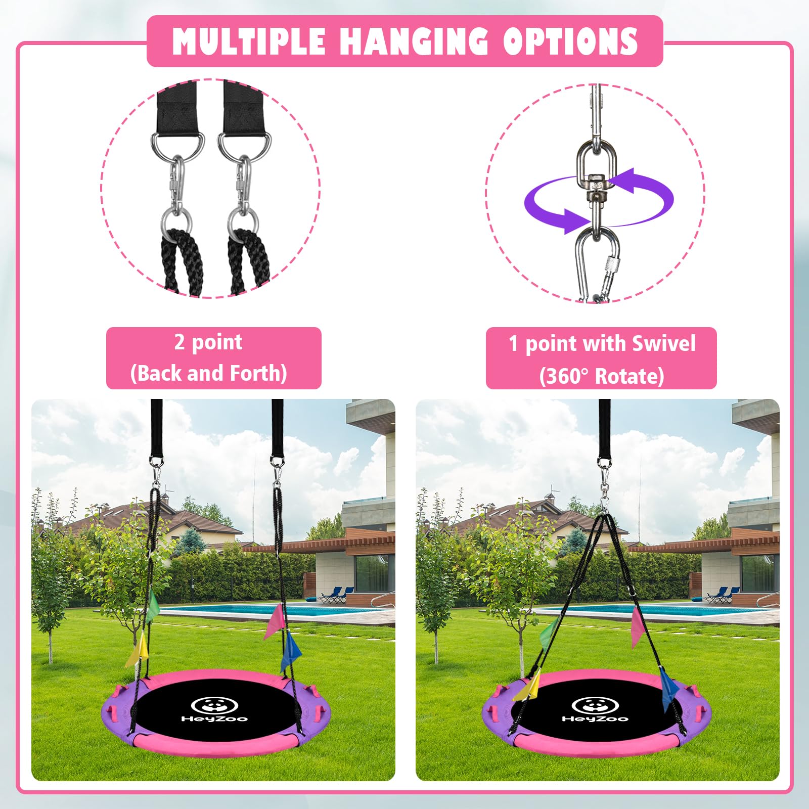 HeyZoo Tree Swing, 43 Inch Saucer Swing Sets for Kids, Come with 360 Degree Swivel and Adjustable Hanging Strap, Pink and Purple