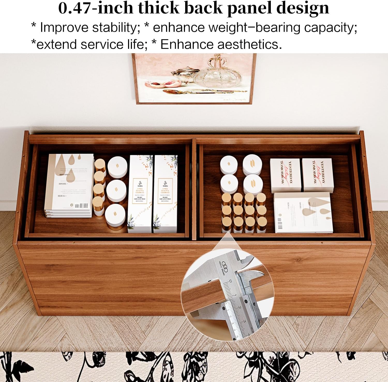 Close-up of dresser back panel thickness