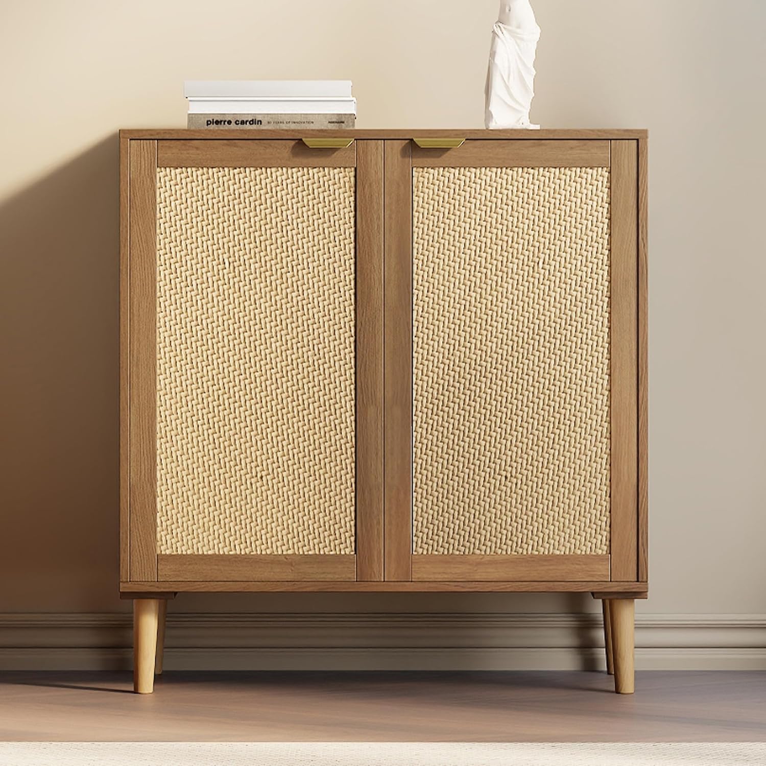 Rattan Storage Cabinet, 31.5" Sideboard Buffet Cabinet with 2 Doors and Adjustable Shelves Accent Buffet Table Cupboard Wooden Coffee Bar for Living Room, Dining Room, Kitchen, Entryway