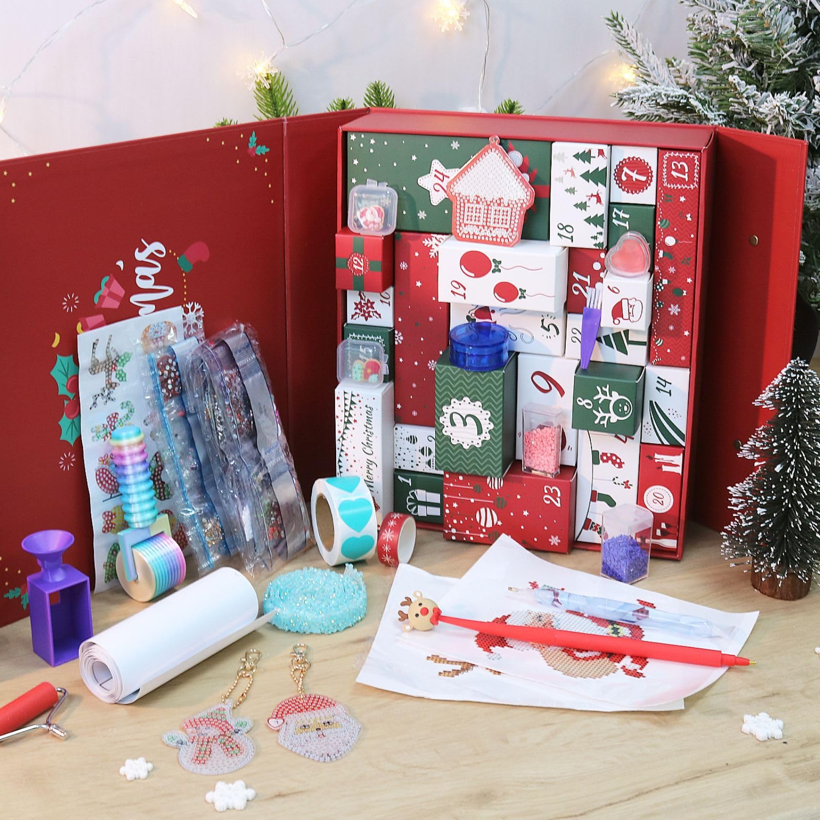 CustmArti Set di calendario dell'Avvento fai da te per bambini, con 24 scomparti, con brillantini e cristalli, decorazione per le vacanze, B