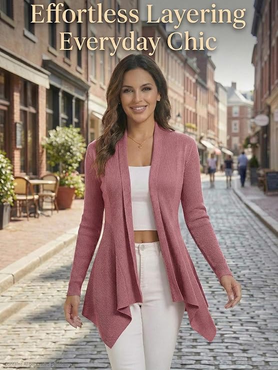Womens Open Front Draped Cardigan, Ribbed Knit Long Sleeve Asymmetrical Hem for Dresses Business Casual Layering