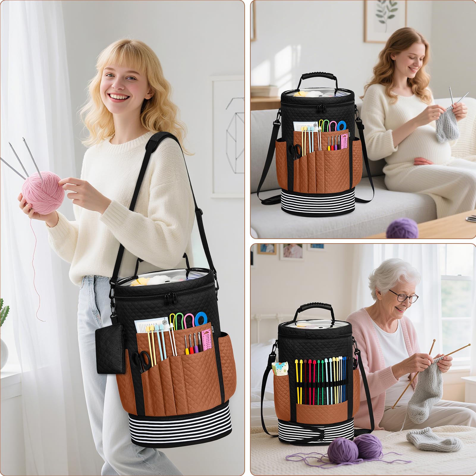 IBFUN Häkelgarn, Stricktasche, 3 Stück, erweiterbarer Garnaufbewahrung, Organizer, Häkeltasche mit Zubehörhüllen, verstellbarer Riemen für Haken, Nadeln, Zubehör, Häkelliebhaber, Zubehör, Anfänger