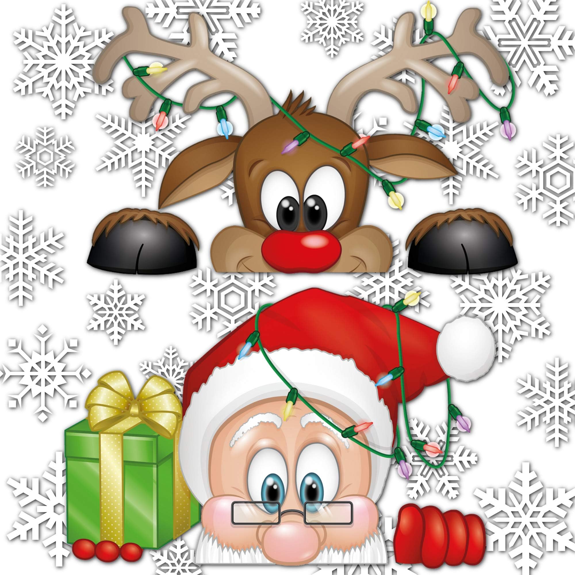 Peeping Santa & Rudolph With 28 Snowflakes Clings