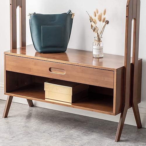 Miniatura 6 de CROSS WIN Perchero de madera de bambú para ropa, organizadores independientes de armario y cajones de almacenamiento con asiento y ganchos,