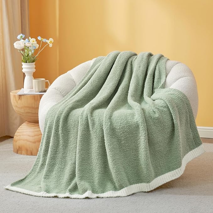 Snuggle Sac Ultra Soft Throw Blanket for Couch Bed Sofa 50x60 inches, Reversible Sage Green Blanket Microfiber Fluffy Fuzzy Cozy Knit Throws for Women Mothers Birthday Gifts