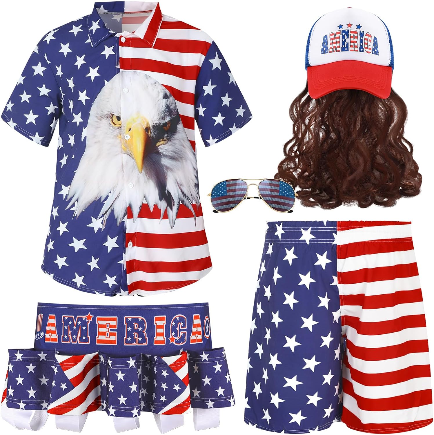 Mepase 5 Pcs 4th of July Costume Set Men's Shorts Shirt Outfits Patriotic Mullet Wigs and Beverage Beer Belt American Flag Sunglasses Independence Day Costume Accessories for Men Women