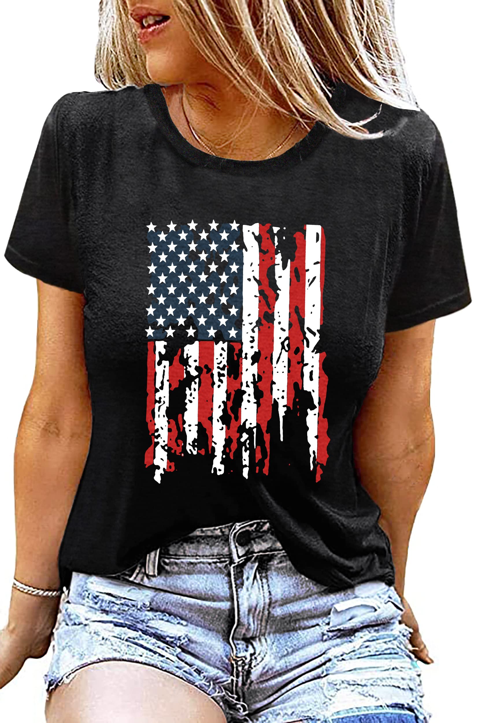 American Flag Shirt Women Patriotic Shirt Vintage USA Flag Bleached T-Shirt Short Sleeve 4th of July Tee Tops