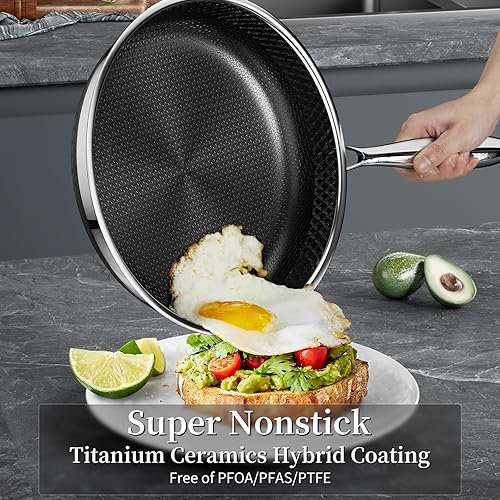 Miniatura 2 de Sartén de acero inoxidable con tapa, juego de sartenes antiadherentes de acero inoxidable de cerámica de titanio, 10 y 12 pulgadas, seguro para
