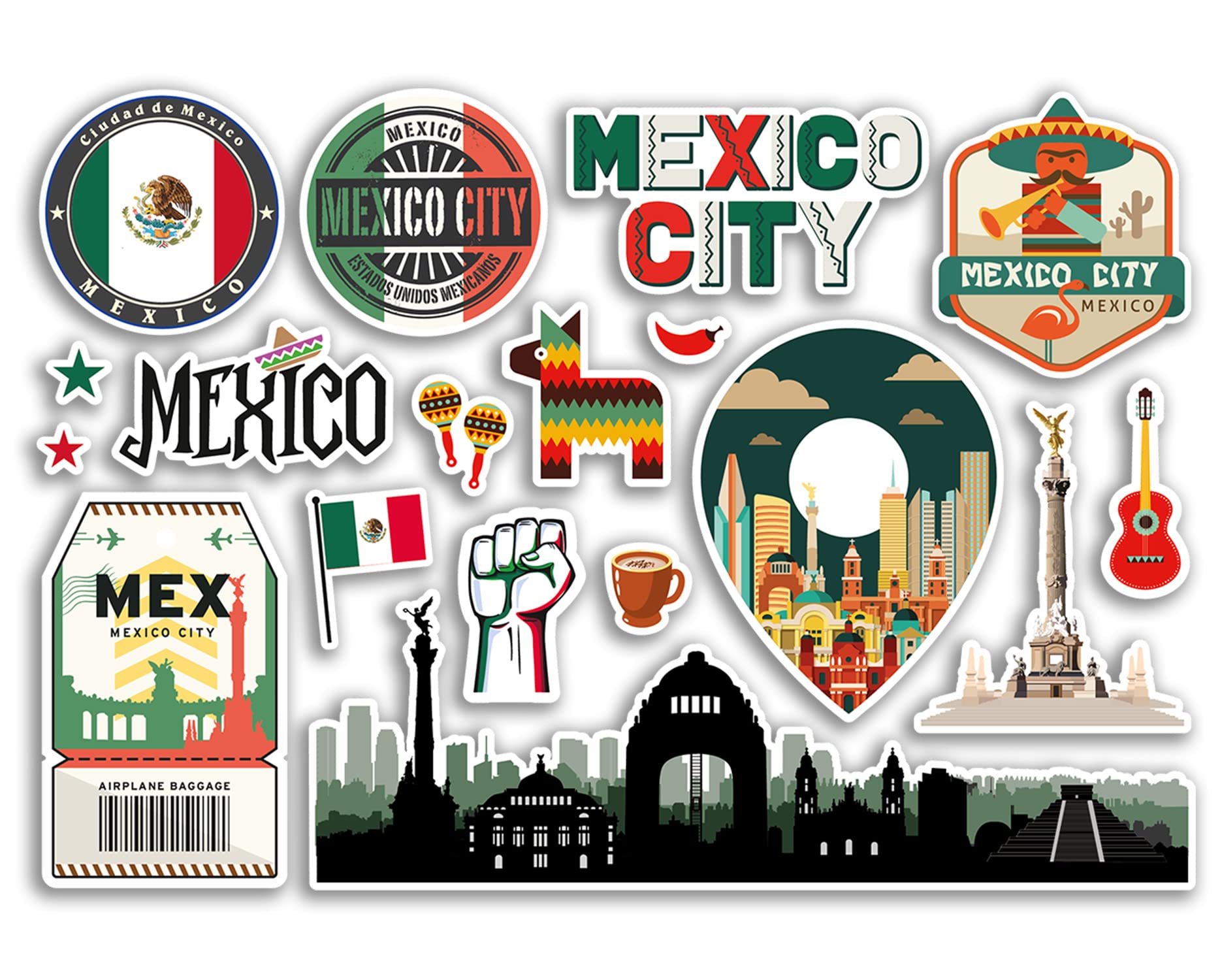 Dv Design Multi A5 Sticker Sheet Mexico City Landmarks Vinyl Stickers - Mexican Airport Stamps Skyline Flag Travel Holiday Scrapbooking City Luggage #79121