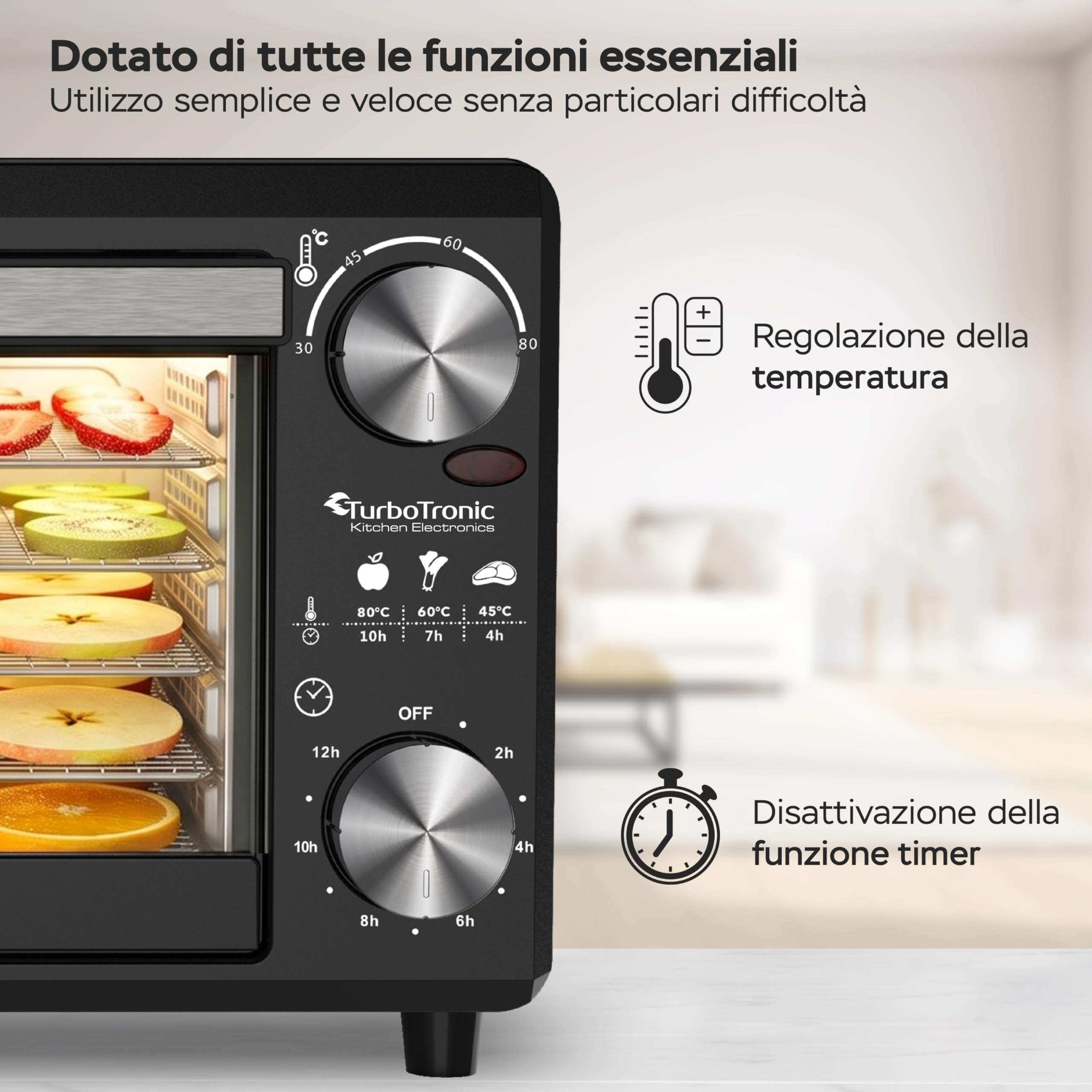 TurboTronic FD14 - Disidratatore Alimentare 14 L con 5 Vassoi - Essiccatore Alimentare a 5 Ripiani per Frutta, Verdura, Funghi, Carne, Pesce ed Erbe - Temperatura e Timer Regolabili (Black)