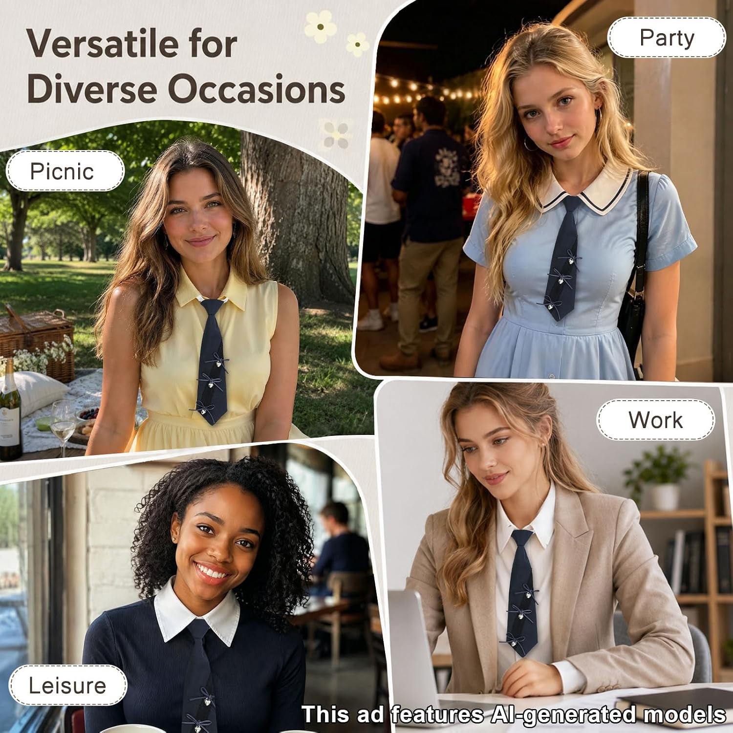 Ties for Women Pre Tied Womens Tie with Bowknot for Banquet Daily | Delicate Lace Stripe Mini Bow Silver Heart Accent, Buckle Closure Pre-tied Tie, 9.6" X 2.3", For Dating Party Daily Outfit
