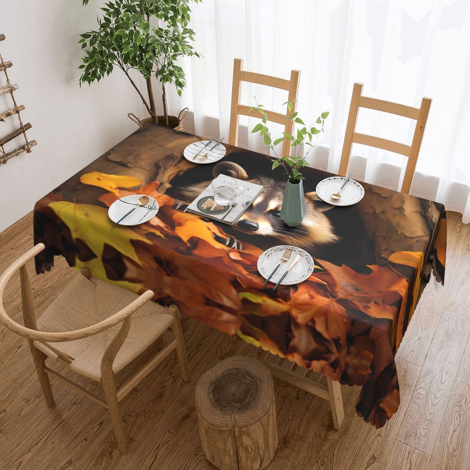 Nappe carrée en polyester anti-graisse motif raton laveur d'automne pour table rectangulaire