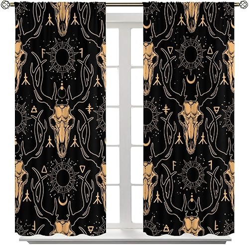 Vista 425 de Cortinas de cabeza de cabra, misteriosa cabeza de cabra malvada, calavera negra, bolsillo para barra, cortinas opacas para ventana, juego de 2
