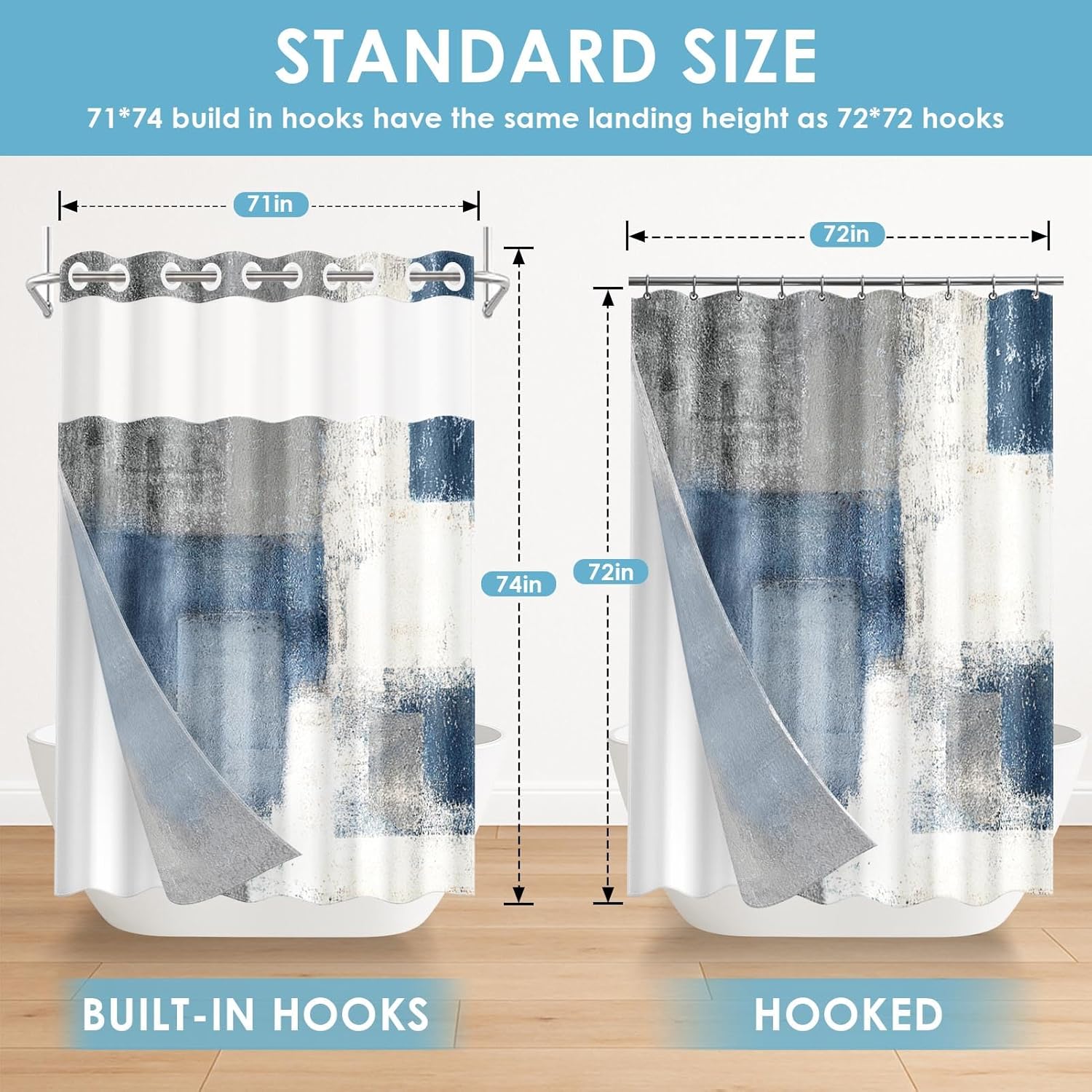 No Hook Blue Grey Painting Shower Curtain with Snap in Fabric Liner Set, Gray Abstract Double Layers Waterproof Fabric with See Through Top Window Open Grommet Bath Curtain 71x74 Inch