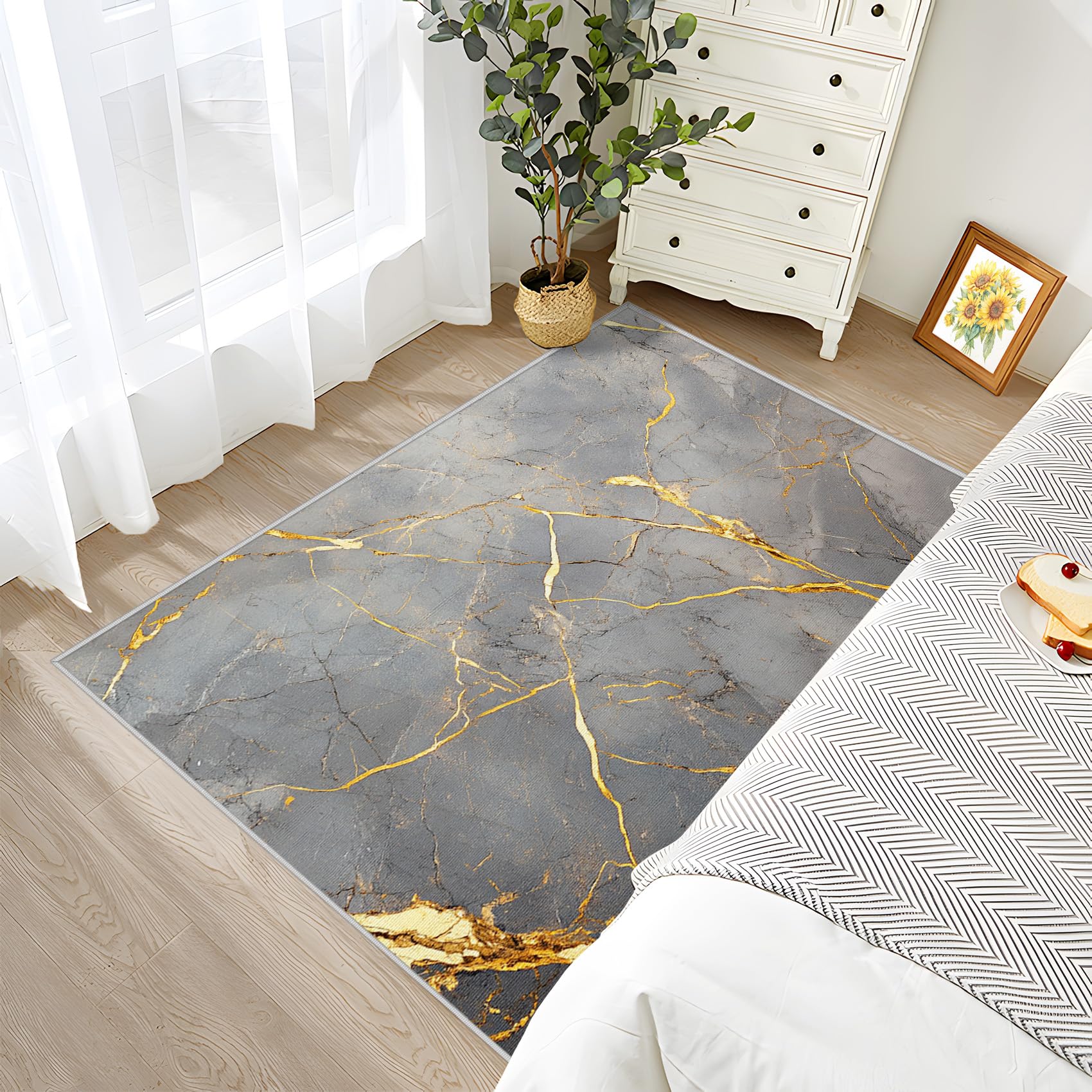 Marmor Teppich Wohnzimmer 240x340 Modern Abstrakt Grau Gold Deko, Großer Teppich Kurzflor, Weich rutschfest Waschbare Teppiche, Bettvorleger Schlafzimmer Kinderzimmer