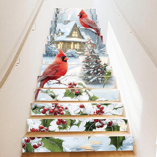 PLIGREAT 15 tiras de calcomanías de Navidad para escaleras, despegar y pegar, calcomanías para escaleras de árbol de Navidad para escalones, 7.1 x