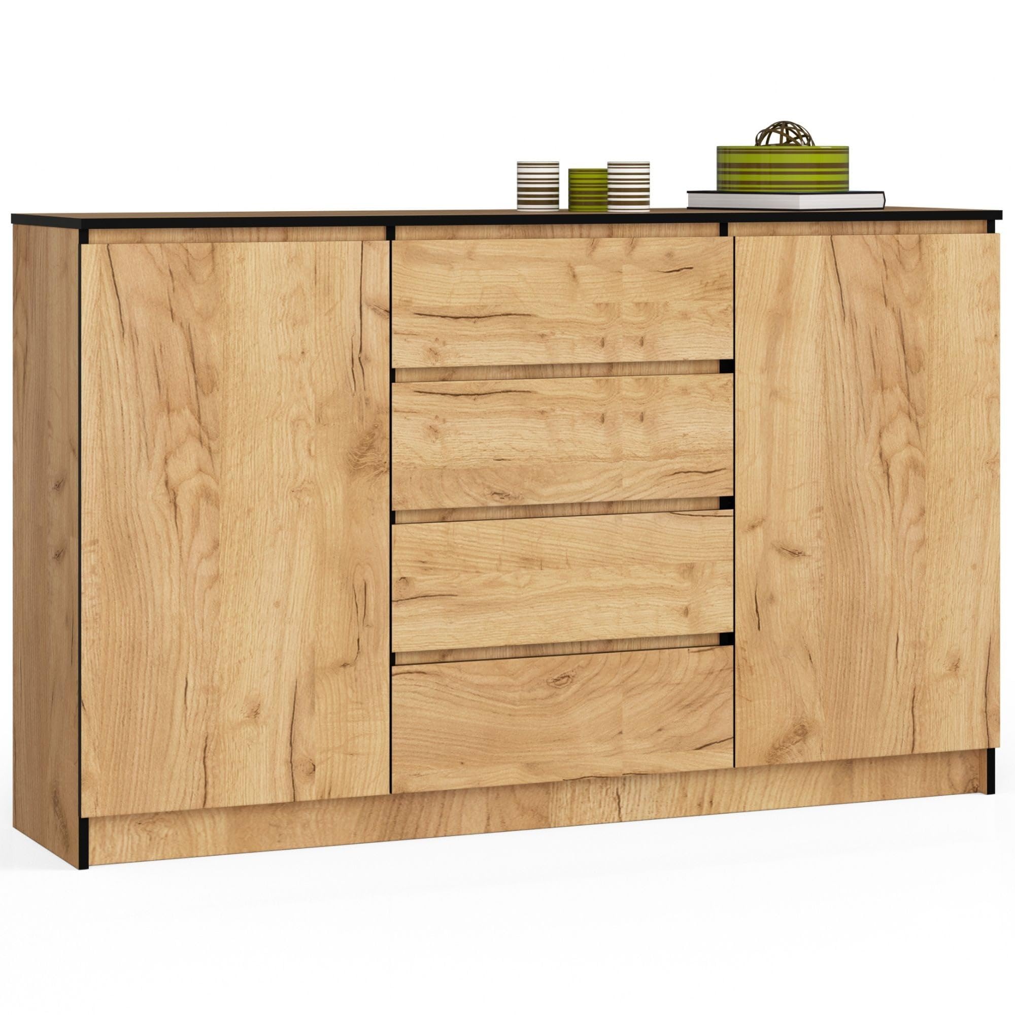 AKORD Kommode K 160 cm | 4 Schubladen und 2 Türen | für Wohnzimmer Schlafzimmer Schrank Wohnzimmer | Modernes Funktionelles Design | Schichtstoffplatte 16mm | Handwerk Eiche