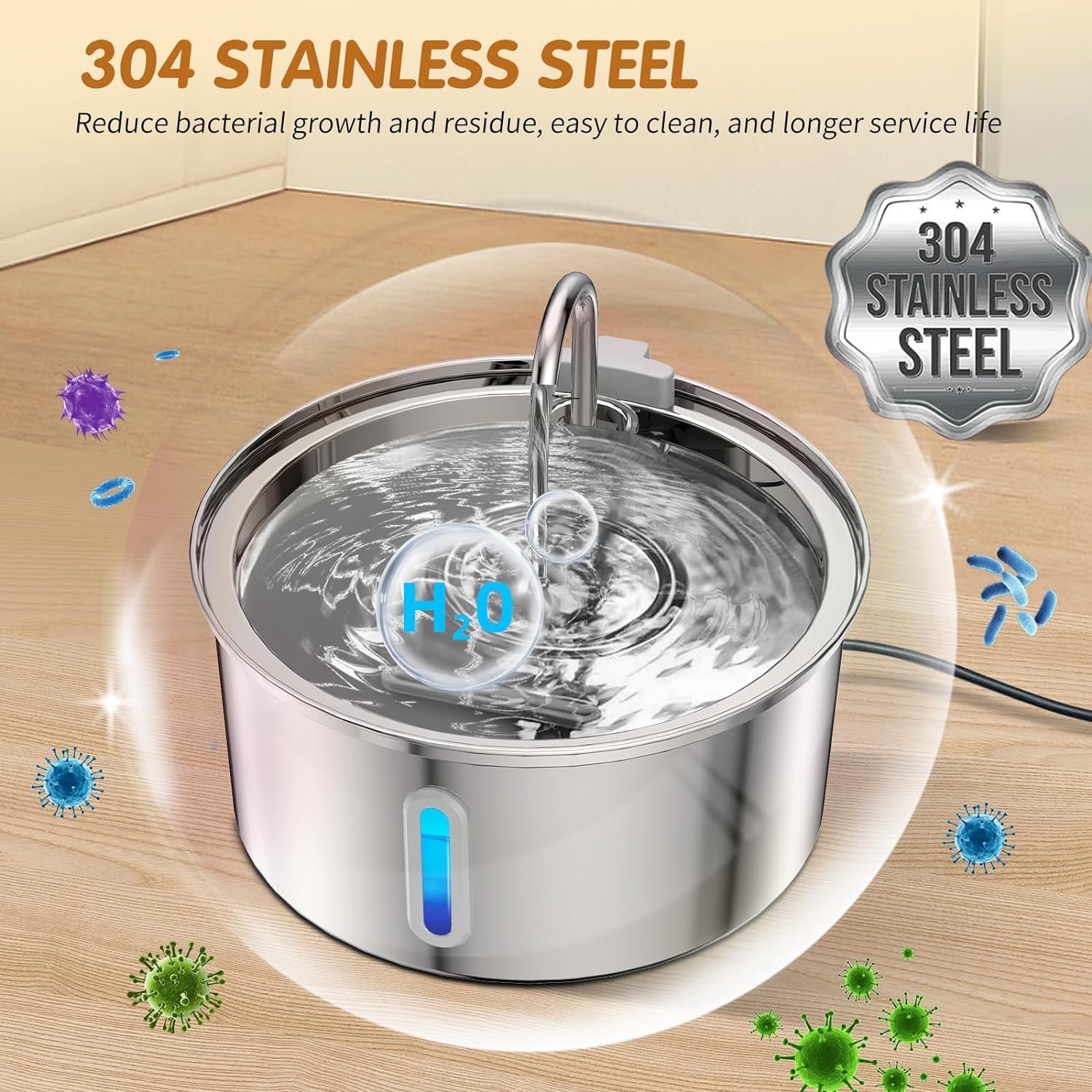 Foliam® Cat Water Fountain - 3.2L/108oz Stainless Steel Pet Water Drinking Fountain for Cats Indoor, Dog Water Fountain with Water Level Window (Steel, Round 3L-1) 4