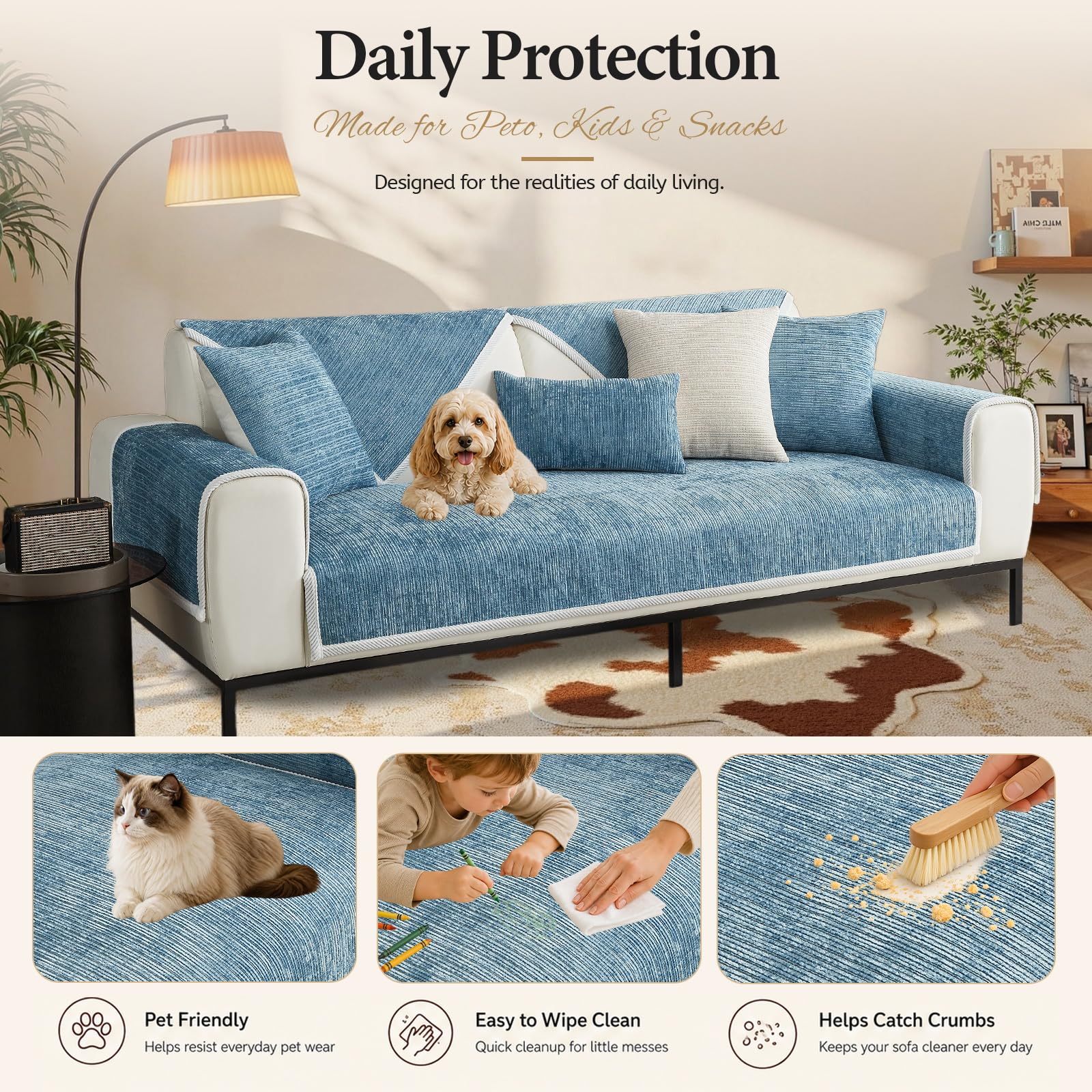 Housse de Canapé en Chenille - Nouvelles Housses Antidérapant pour Canapé 1/2/3 Places en Forme de L, Protection pour Meuble Résistante aux Animaux pour Salon (A-Bleu,110x240cm)