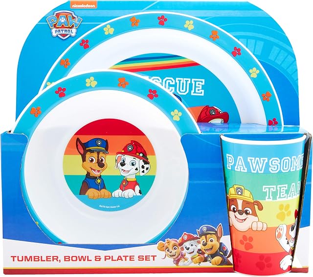 PAW Patrol Kids Tableware Set  3 Piece Reusable PP Plate, Bowl & Cup Set for Children  Skye, Chase, Marshall, Rubble Tumbler & Dinnerware Set for Mealtimes  for 24 Months & Up