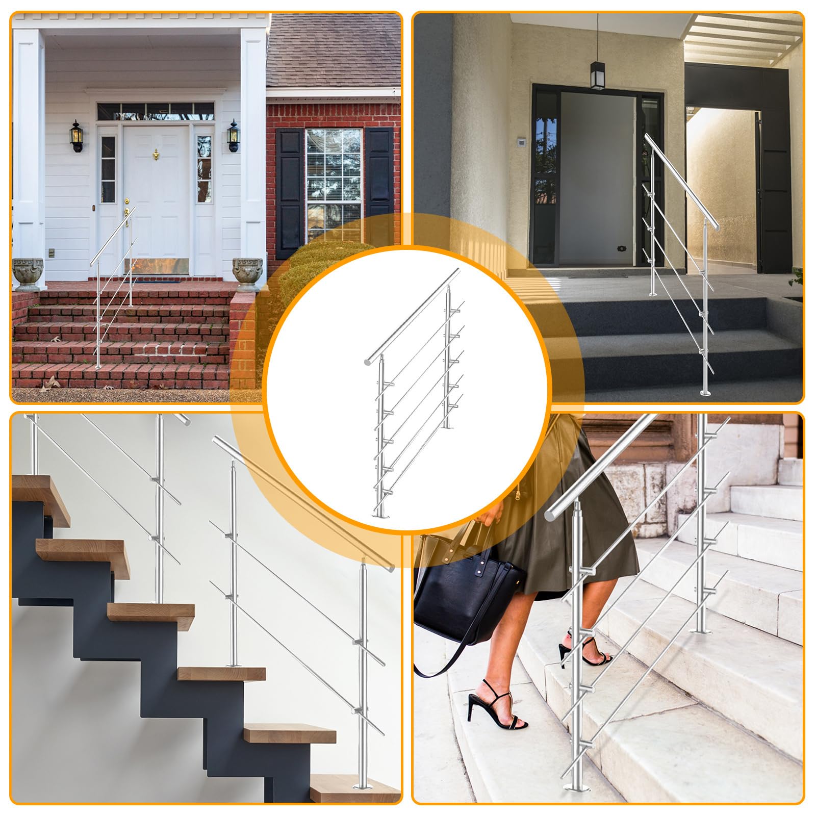 Corrimano in acciaio inox, ringhiera per scale esterne ed interne, 120 cm, Ø 42 mm, con 5 barre trasversali e accessori, ringhiera per scale regolabile ad angolo per giardino, ingresso