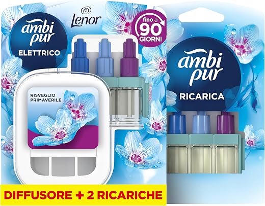 Ambi Pur 3Volution Air Freshener, Electric Diffuser and 2 Refills, Lenor Spring Awakening Fragrance, Odour Elimination Technology, Up to 90 Days of Perfume Per Refill